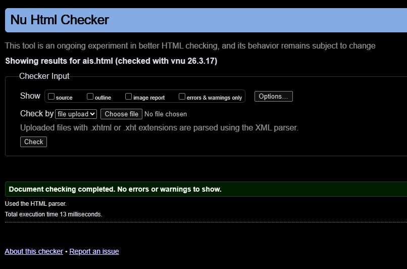 W3C Validation screenshot for AIS showing no errors
