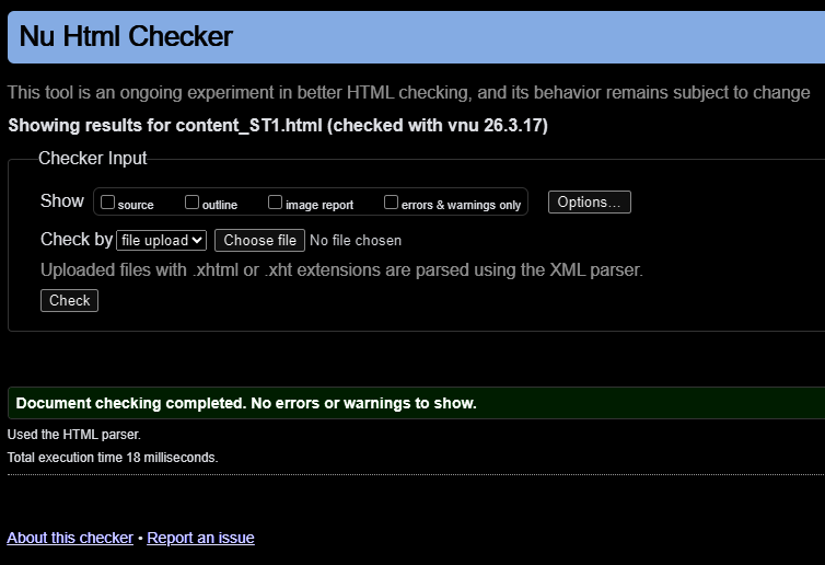 W3C Validation screenshot for Content Page showing no errors