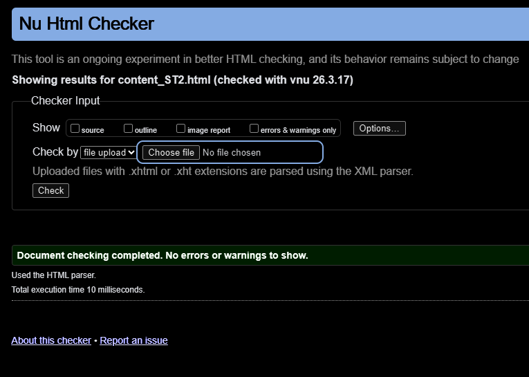 W3C Validation screenshot for Content Page showing no errors
