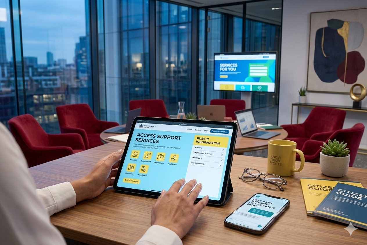 A person using digital tools to access support services and public information