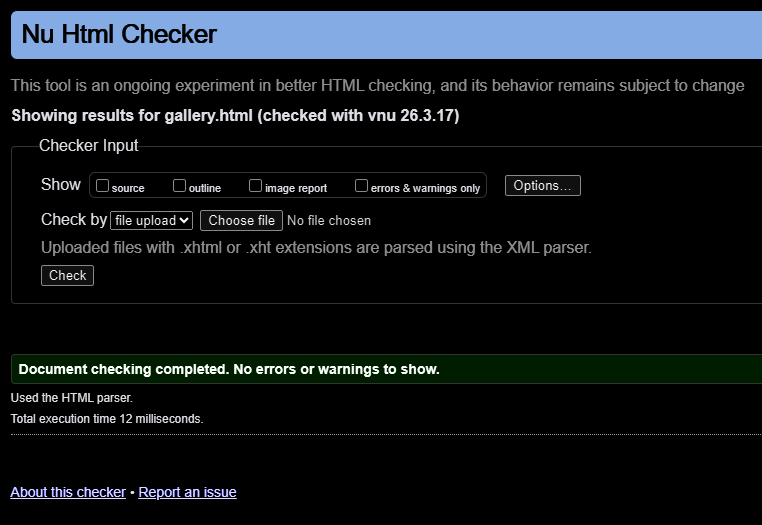 W3C Validation screenshot for Gallery Page showing no errors