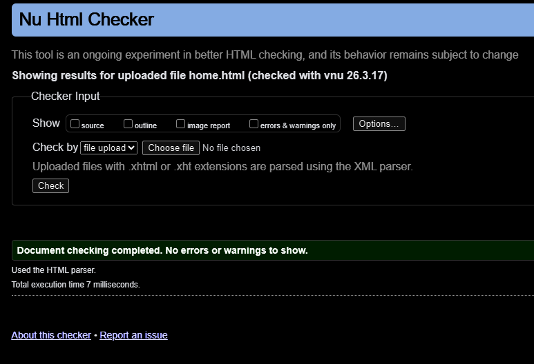 W3C Validation screenshot for Home Page showing no errors