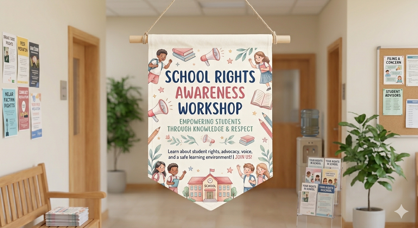 Students in a learning space discussing rights, fairness, and support services