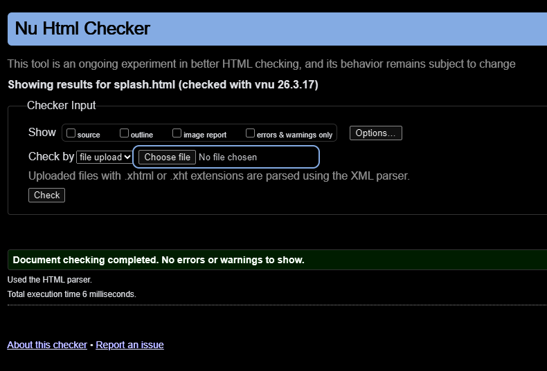 W3C Validation screenshot for Splash Screen showing no errors